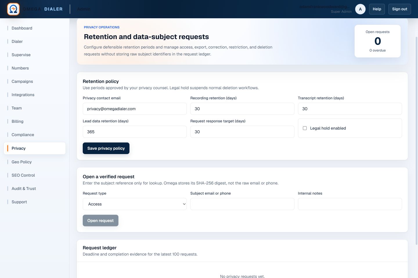 Privacy retention and data-subject request center