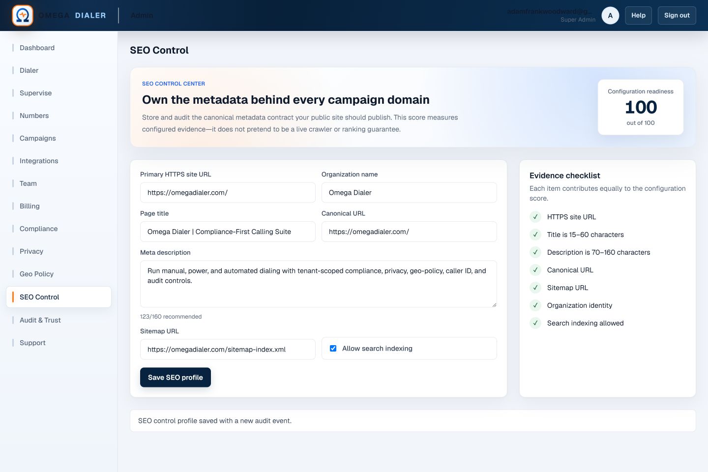 SEO metadata evidence control center